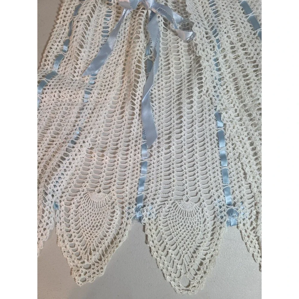 Vintage Handmade White Crochet Lace Apron with Blue Ribbon Ties